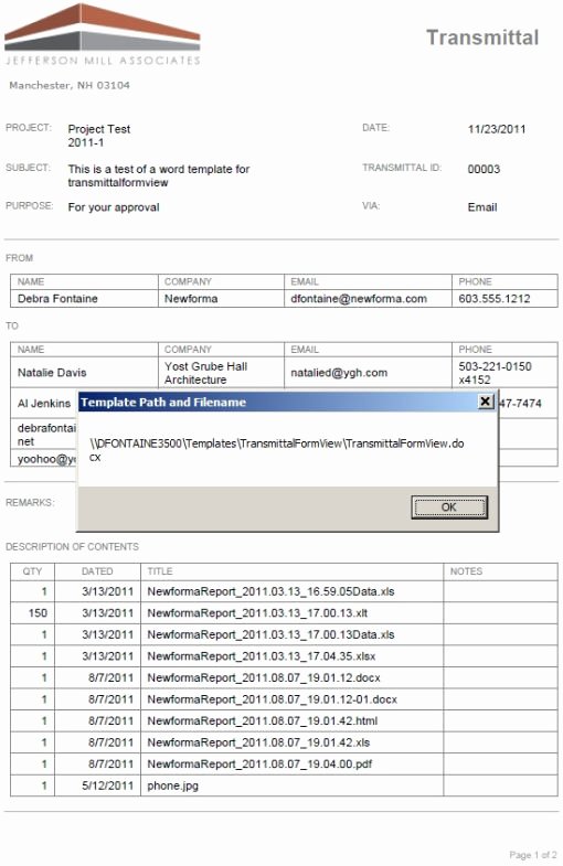 Construction Transmittal form Awesome Project Center Tenth Edition Help