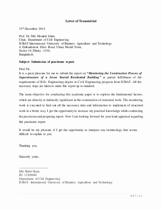 Construction Transmittal form Inspirational Practicum Report On Monitoring the Construction Process Of