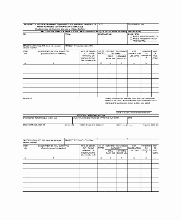 Construction Transmittal form Template Beautiful 8 Sample Submittal Transmittal forms Pdf Word