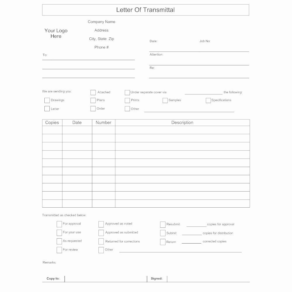 Construction Transmittal Template Luxury Letter Of Transmittal form