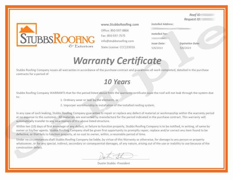 Construction Warranty Template Luxury New Roof Warranty Stubbs Roofing Tallahassee