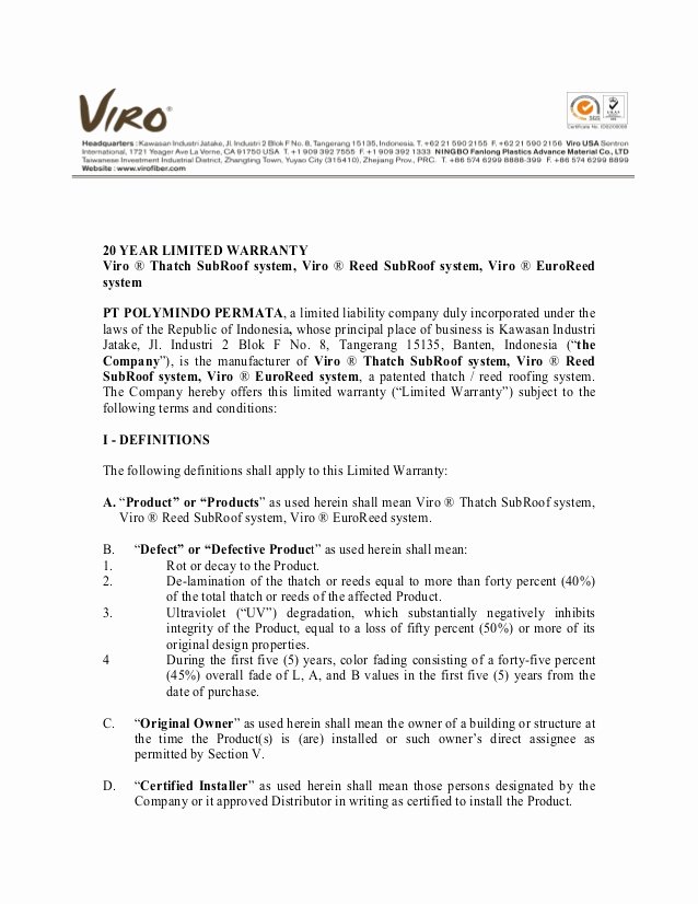 Construction Warranty Template Unique 010 Warranty Letter Of Viro thatch