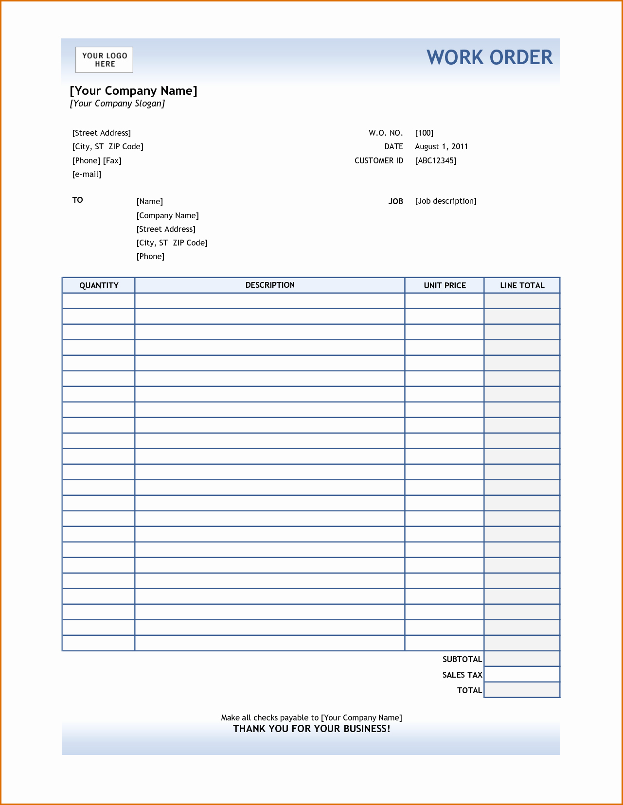 Construction Work order Template Elegant 8 order forms Template