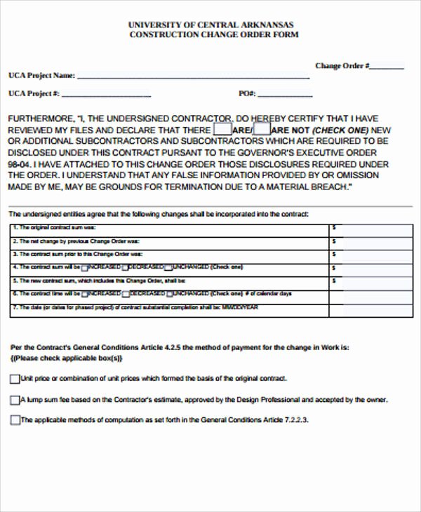 Construction Work order Template Fresh Sample Construction Change order form 7 Examples In