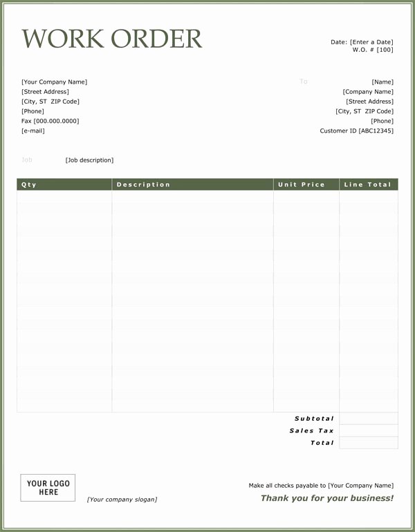 Construction Work order Template Fresh Work order Sample