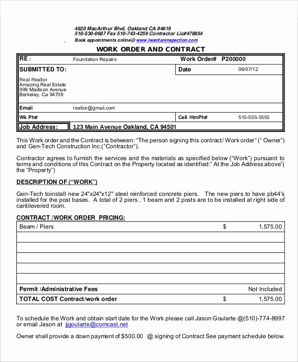 Construction Work order Template New 9 Job order forms Free Sample Example format Download
