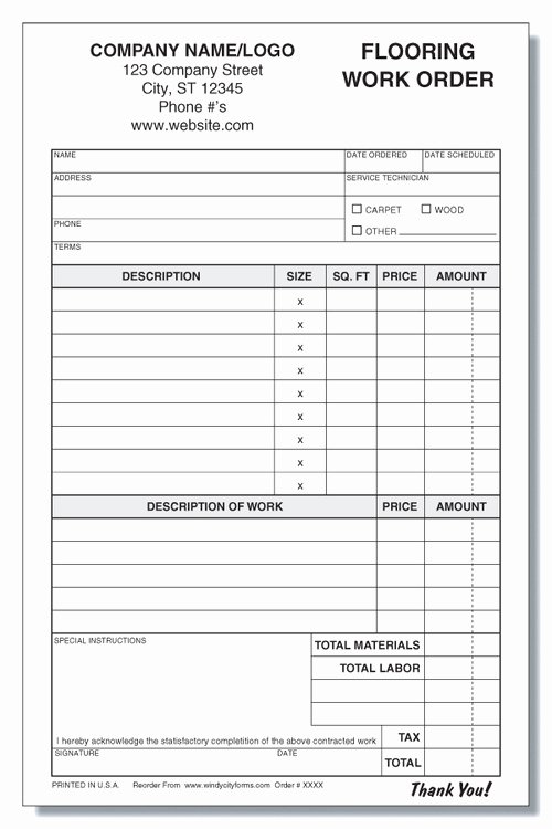 Construction Work order Template New Flooring Work order Invoice Windy City forms