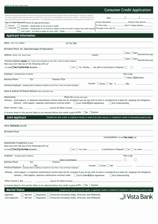 Consumer Credit Application form Best Of Fillable Consumer Credit Application Vista Bank