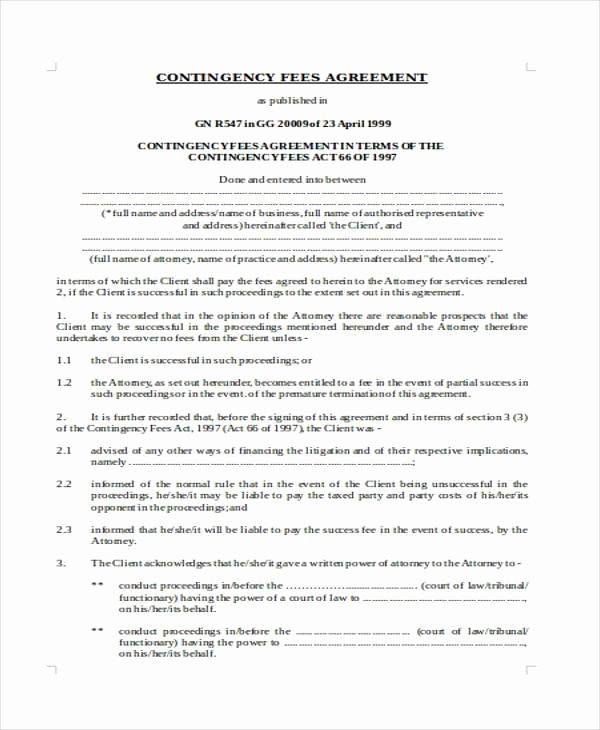 Contingency Contract Example Beautiful Sample Contingency Fee Agreement forms 7 Free Documents