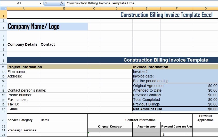 Contractor Invoice Template Excel Fresh Get Construction Billing Invoice Template Excel Xls Free