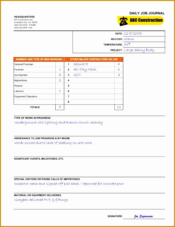 Contractors Daily Log Book Fresh 4 Daily Construction Log Template