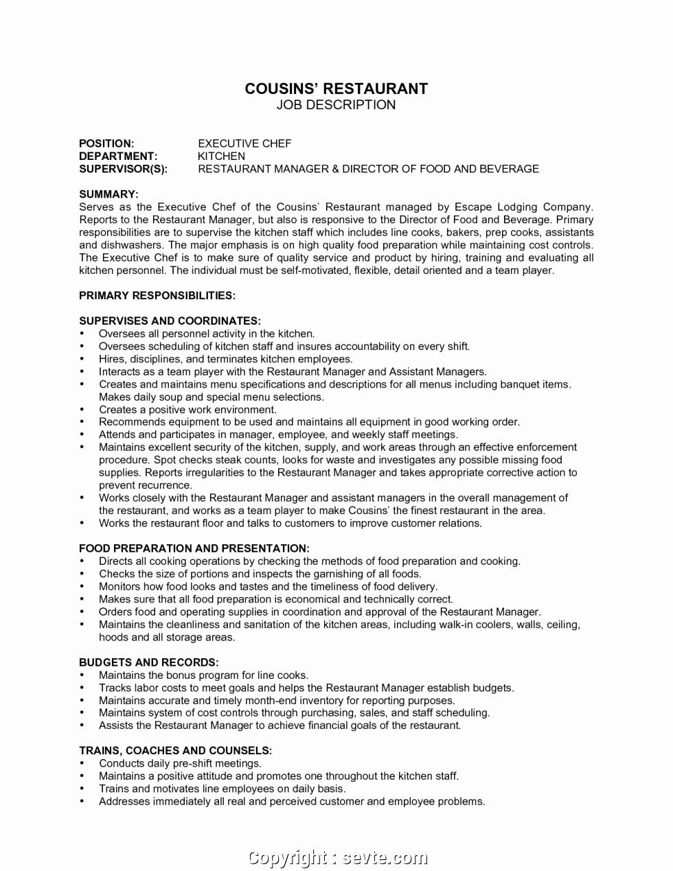 Cook Description for Resume Awesome Simple Restaurant Description Sample 9 Hostess Job