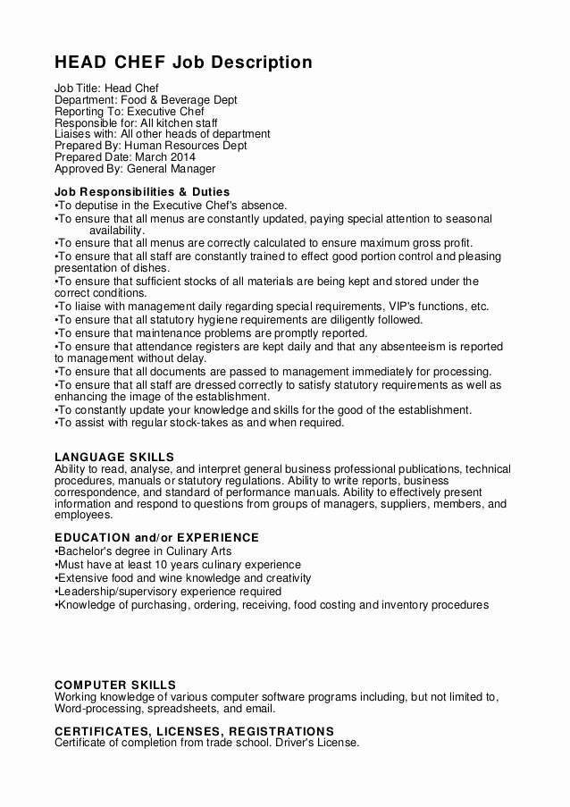 Cook Description for Resume Beautiful Head Chef Job Description