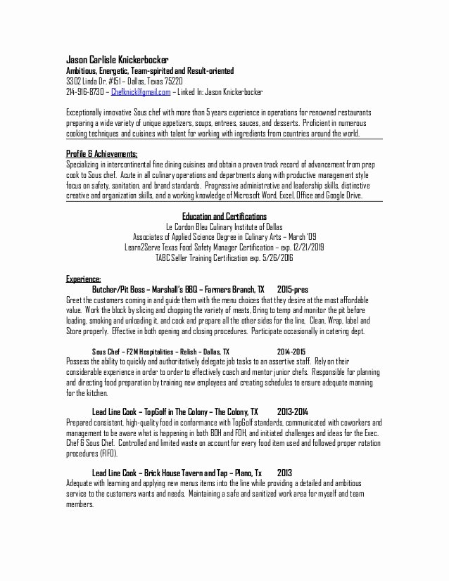 Cook Description for Resume Beautiful Jason Carlisle Knickerbocker sous Chef Resume 2015