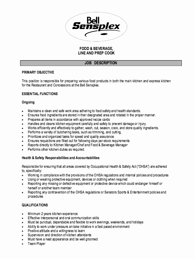 Cook Description for Resume Fresh Cook Job Description Resume