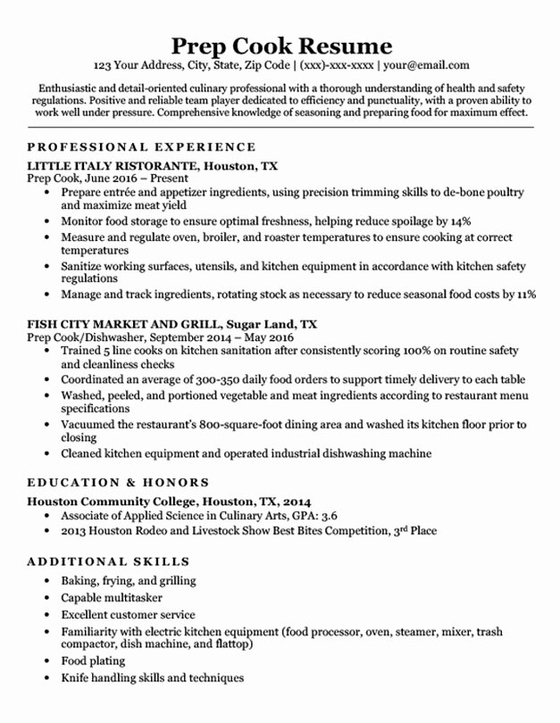 Cook Description for Resume Fresh Prep Cook Resume Sample &amp; Writing Tips