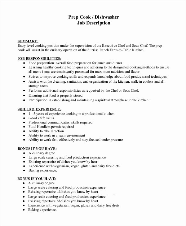 Cook Description for Resume Fresh Sample Dishwasher Job Description 8 Examples In Pdf Word