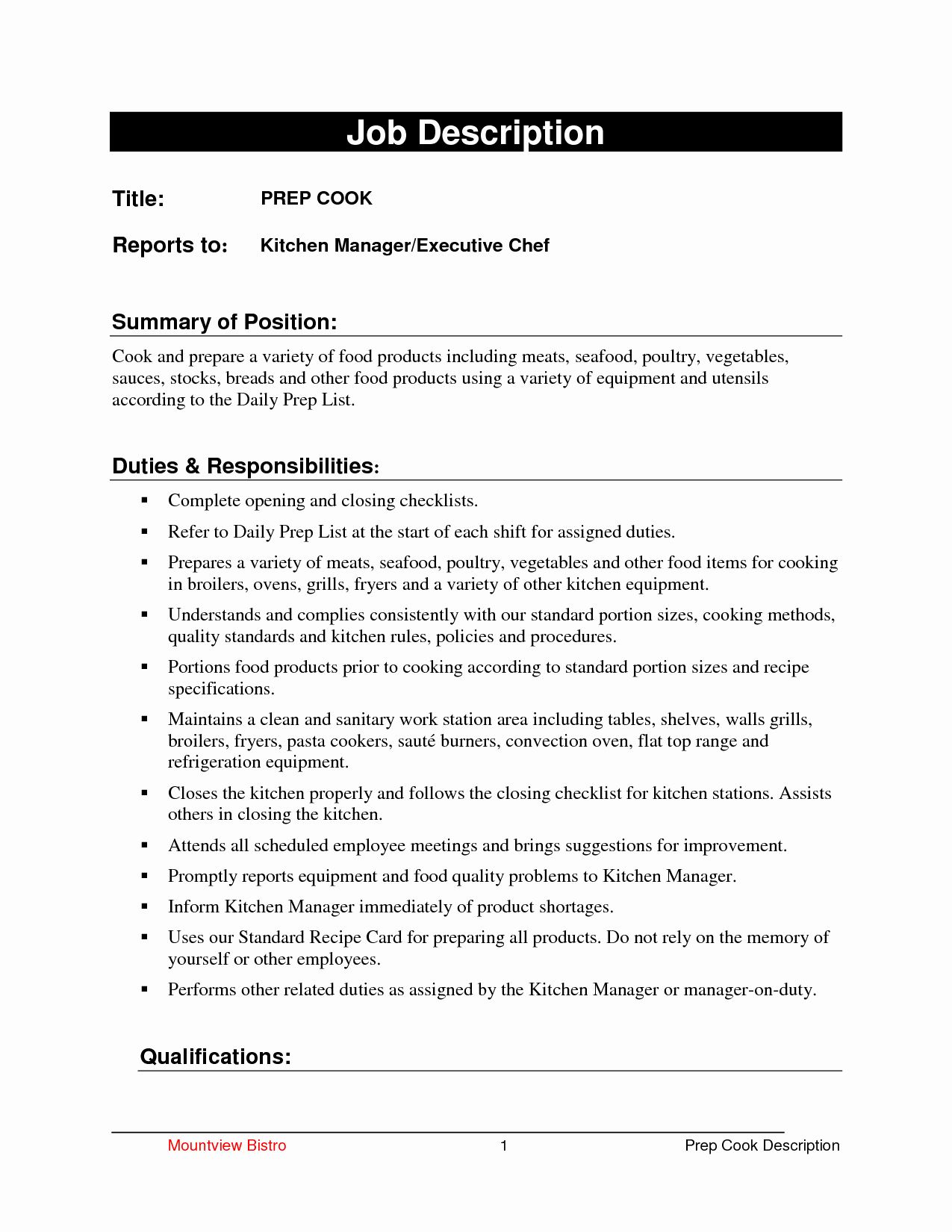 Cook Description for Resume Lovely Resume for Prep Cook Resume Ideas