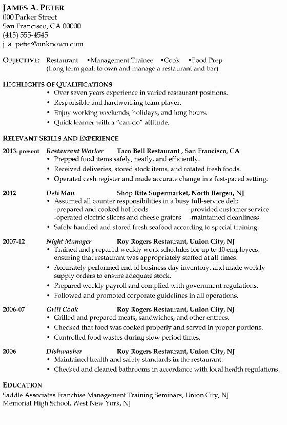 Cook Description for Resume Luxury Resume Sample Restaurant Management Trainee or Cook