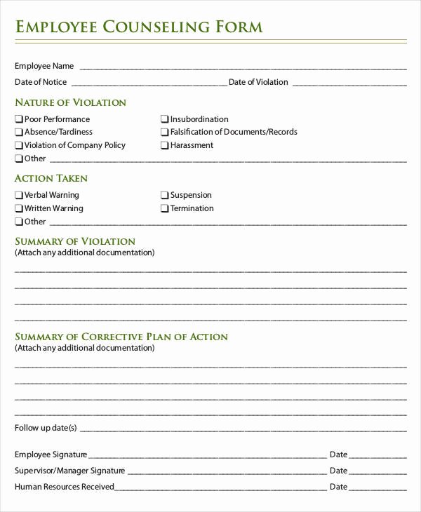 Counseling Intake form Template Beautiful Employee Counseling form Template Microsoft Templates