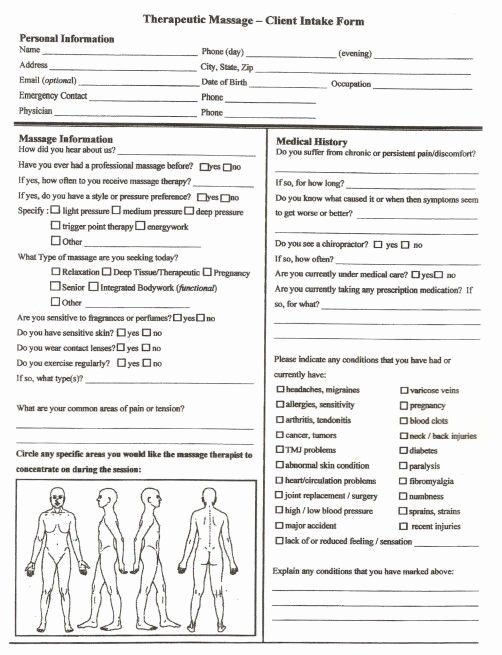 Counseling Intake form Template Inspirational Free Printable Massage Intake forms