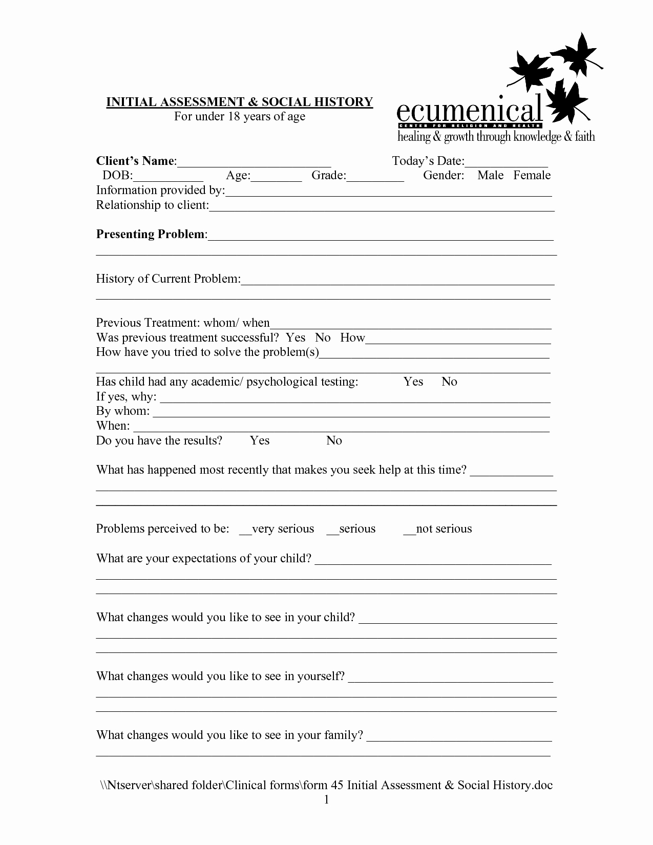 Counseling Intake form Template Lovely social Work Intake form Template Google Search