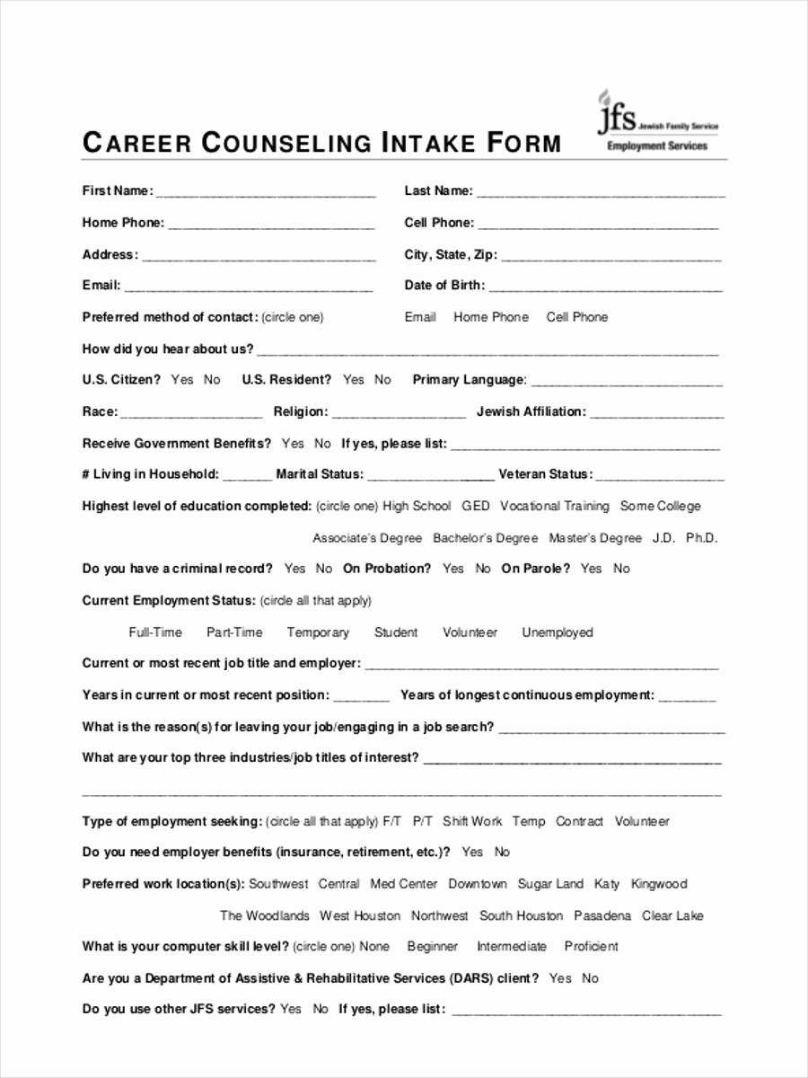Counseling Intake form Template Luxury 7 Career Counseling forms Free Sample Example format