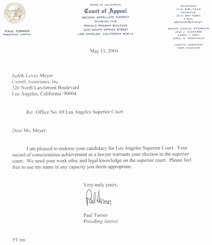 Court Appeal Letter Sample New Endorsement Letter Elect Judith L Meyer for Superior