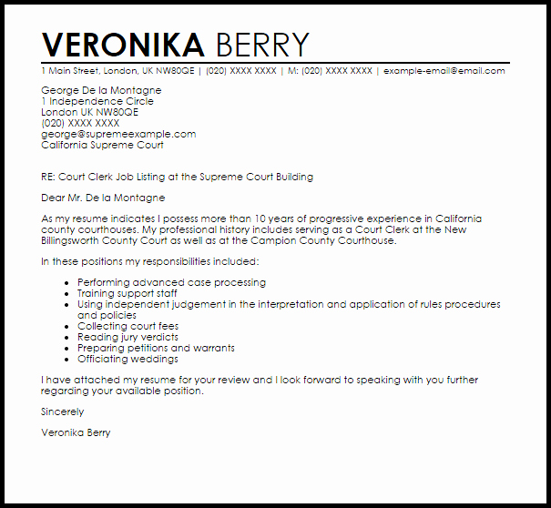 Court Letter format Lovely Court Clerk Cover Letter Sample