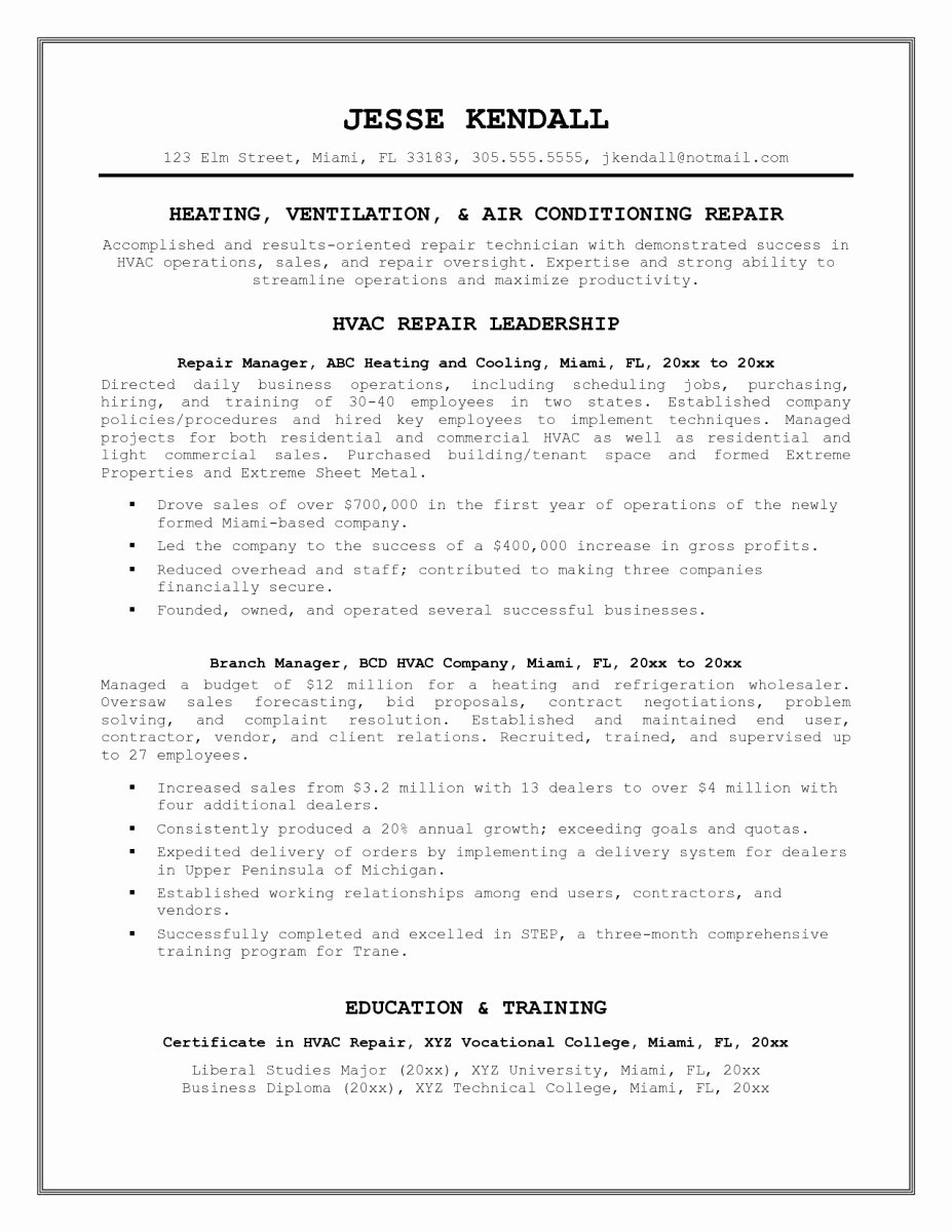 Cover Letter format Uf Elegant 23 New Hvac Resume Examples Uf E – Resume Samples