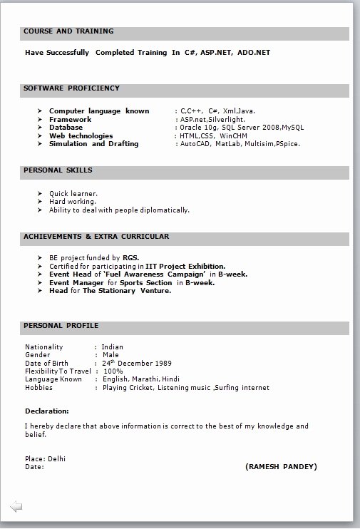 Cover Letter format Uf Lovely Resume format for Freshers