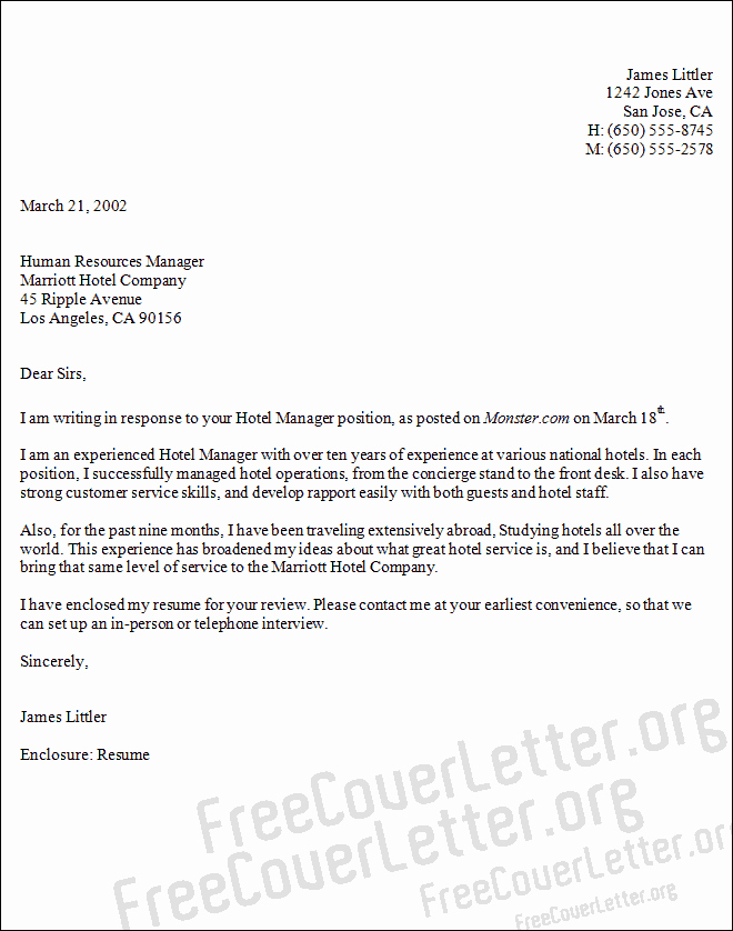 Cover Letter Hospitality Management Best Of Hotel Manager Cover Letter Sample