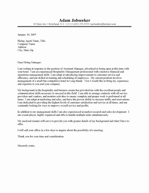 Cover Letter Hospitality Management Lovely Cover Letter for Hospitality Management Sample