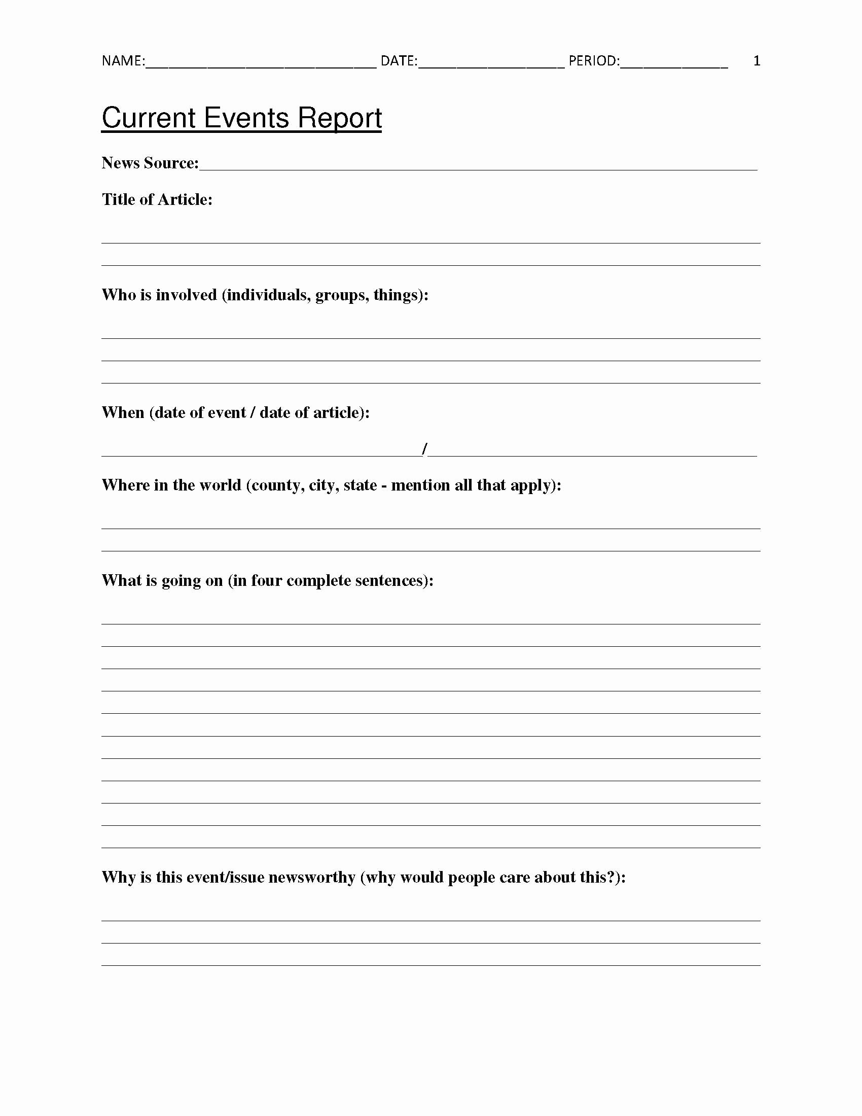 Current event Paper Sample Elegant Free Current events Report Worksheet for Classroom