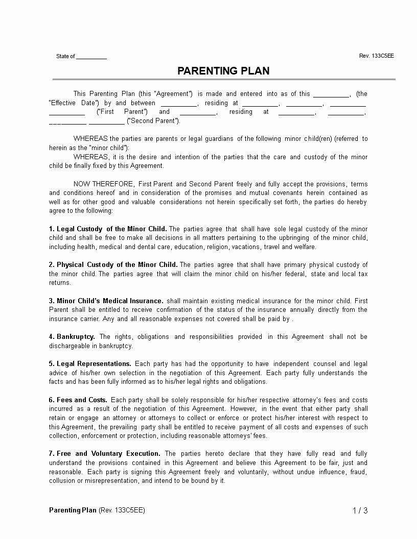 Custody Calendar Template Fresh Free Parenting Plan Template