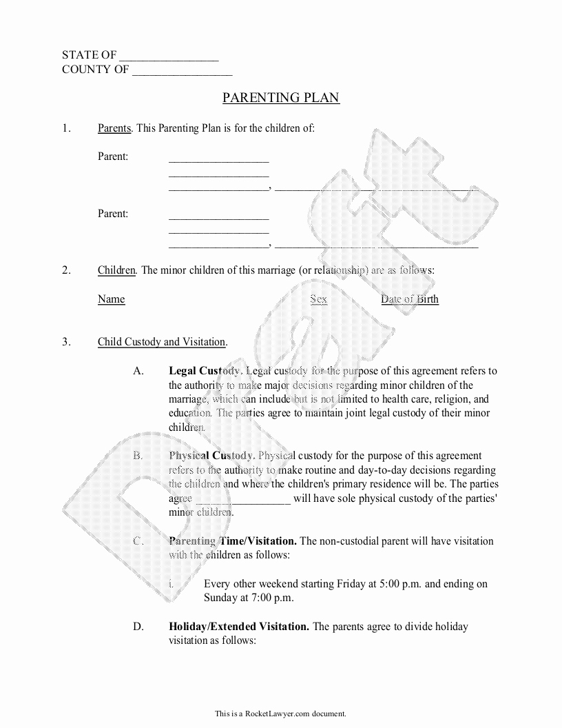 Custody Calendar Template Fresh Parenting Plan Child Custody Agreement Template with