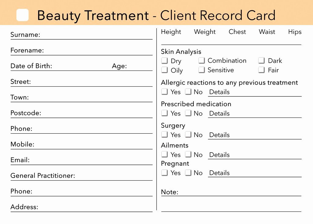 Customer Info Card Template Inspirational Beauty Client Card Client Record Card Treatment