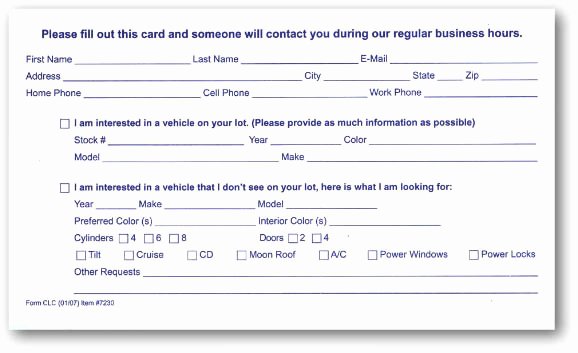 Customer Info Card Template Luxury Customer Lead Cards Package Of 100 Auto Dealer