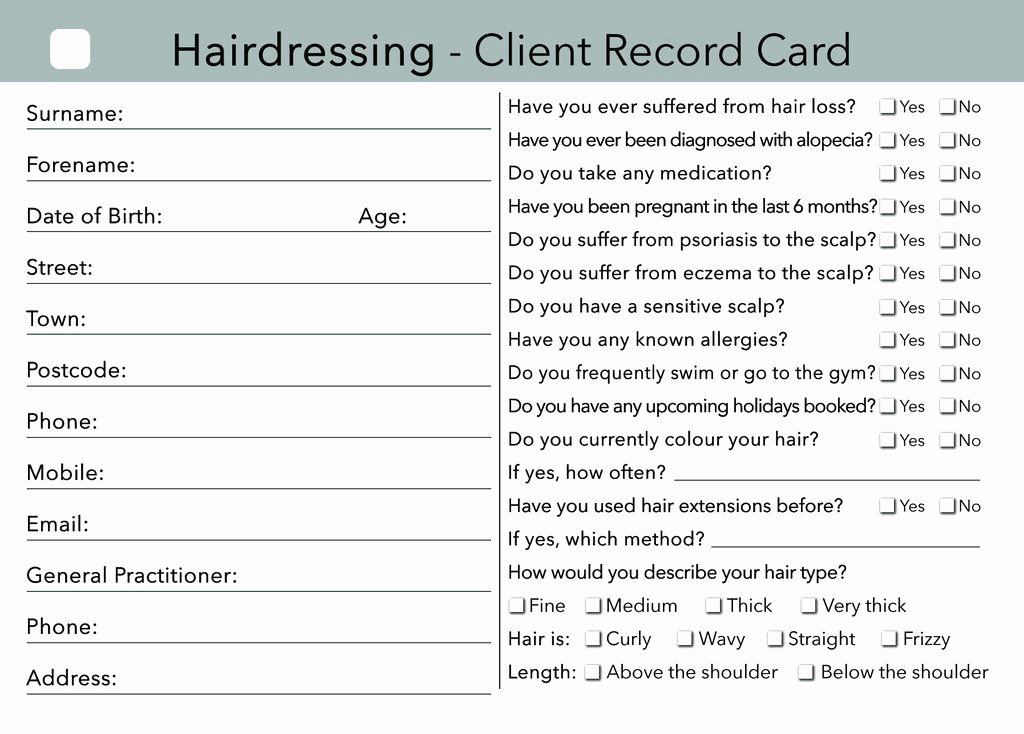 Customer Info Card Template New Hairdressing Client Card Clients Record