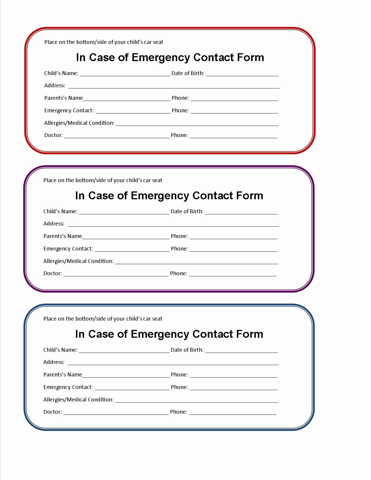 Customer Information Card Template Beautiful Printable Emergency Contact form for Car Seat