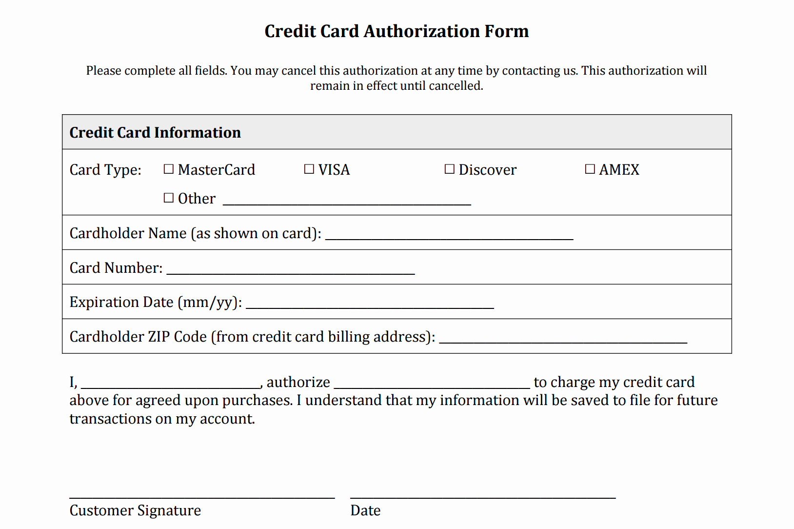 Customer Information Card Template Lovely Credit Card Authorization form Templates [download]