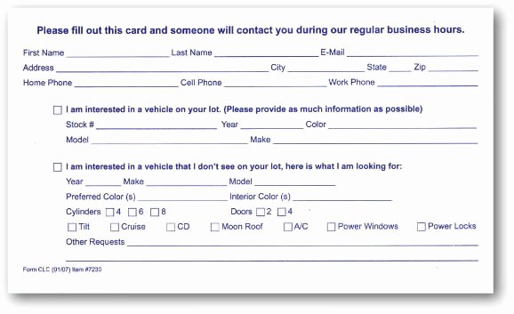 Customer Information Card Template New Customer Lead Cards Package Of 100 Auto Dealer
