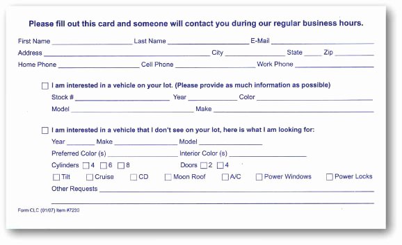 Customer Information Card Template New Customer Lead Cards Package Of 100 Auto Dealer