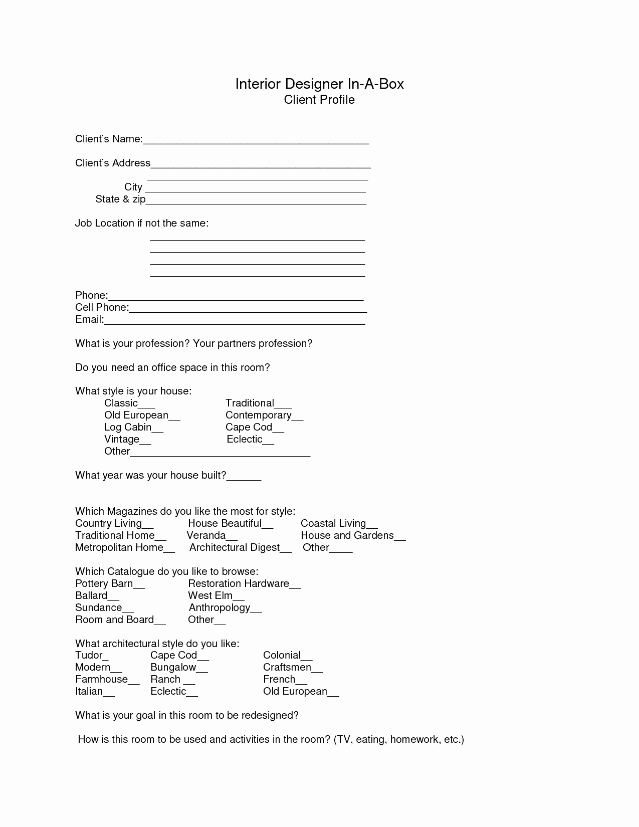 Customer Profile form Awesome Client Profile Template for Interior Design Yahoo Image