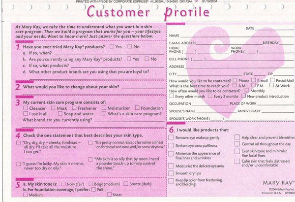 Customer Profile form Fresh Janet Scott Buckley Mary Kay Page