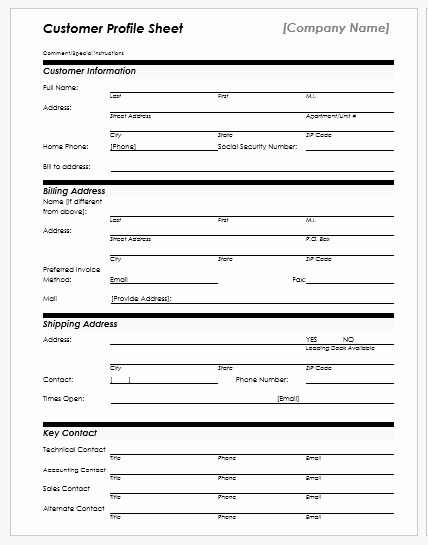 Customer Profile Template Excel Lovely Customer Profile Sheet Templates for Ms Word