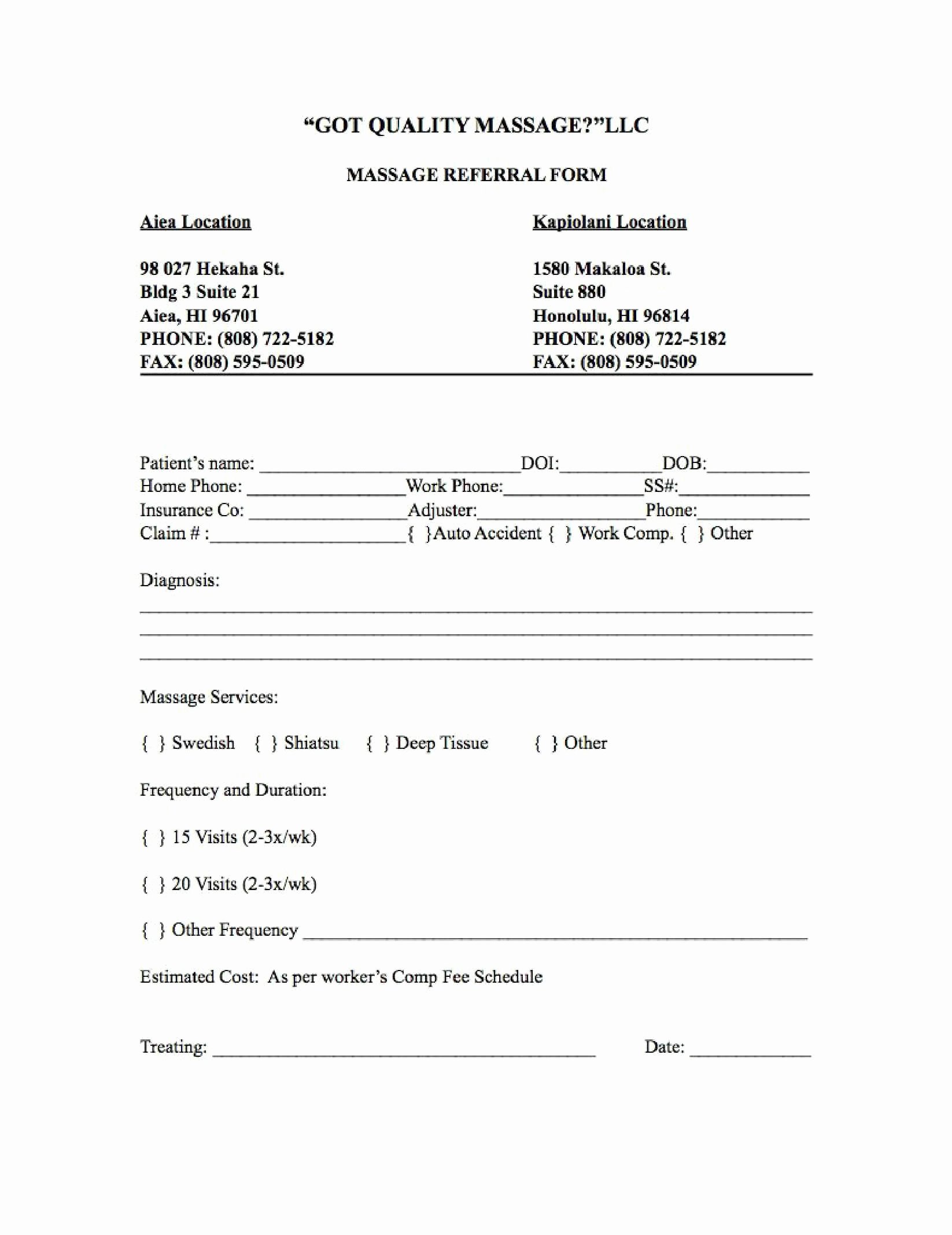 Customer Referral form Inspirational Got Quality Massage Llc