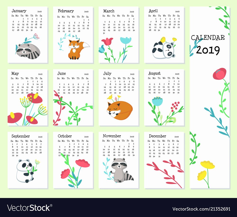 Cute Calendar Template 2019 New Calendar 2019 Template with Cute Animals Vector Image