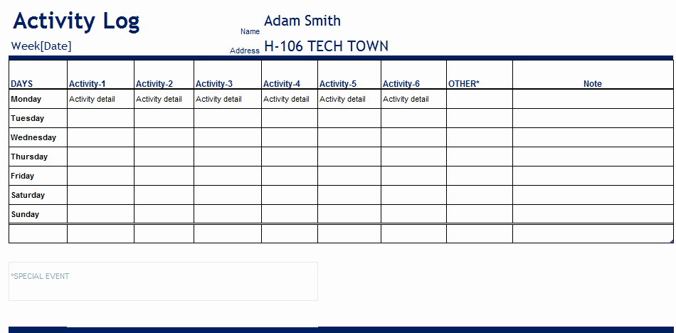 Daily Activity Log Template Excel Elegant Activity Log Template at Worddox