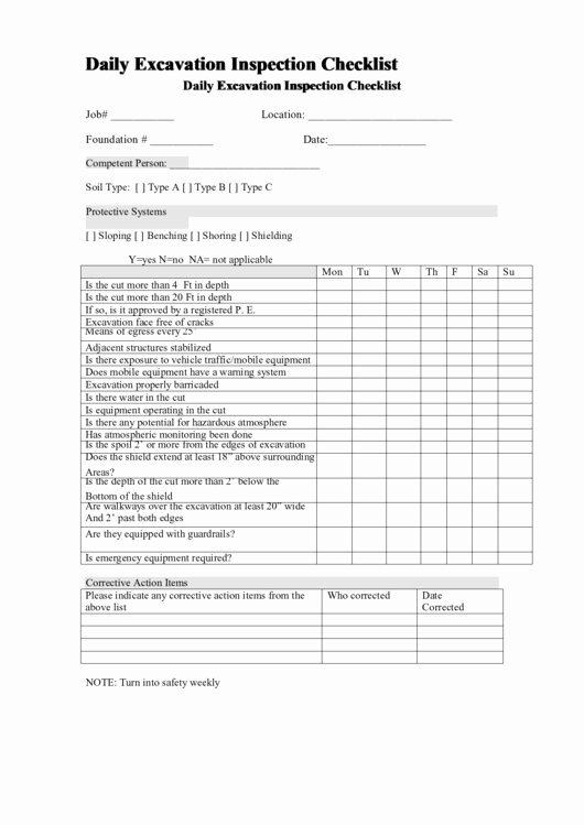 Daily Equipment Inspection form Awesome Daily Excavation Inspection Checklist Template Printable
